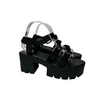 New Faux Suede Leather Chunky Black Platform Sandals 9 Block Heel
